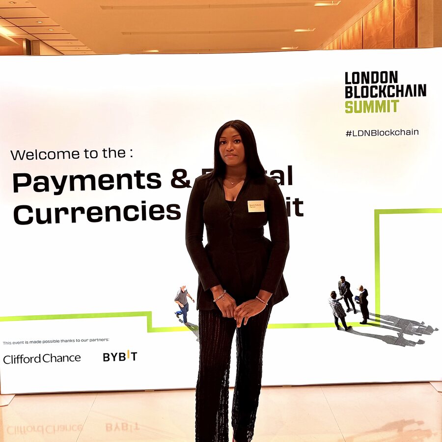 Beverly Ezebuike at the London Blockchain Summit, UK fintech and blockchain conference